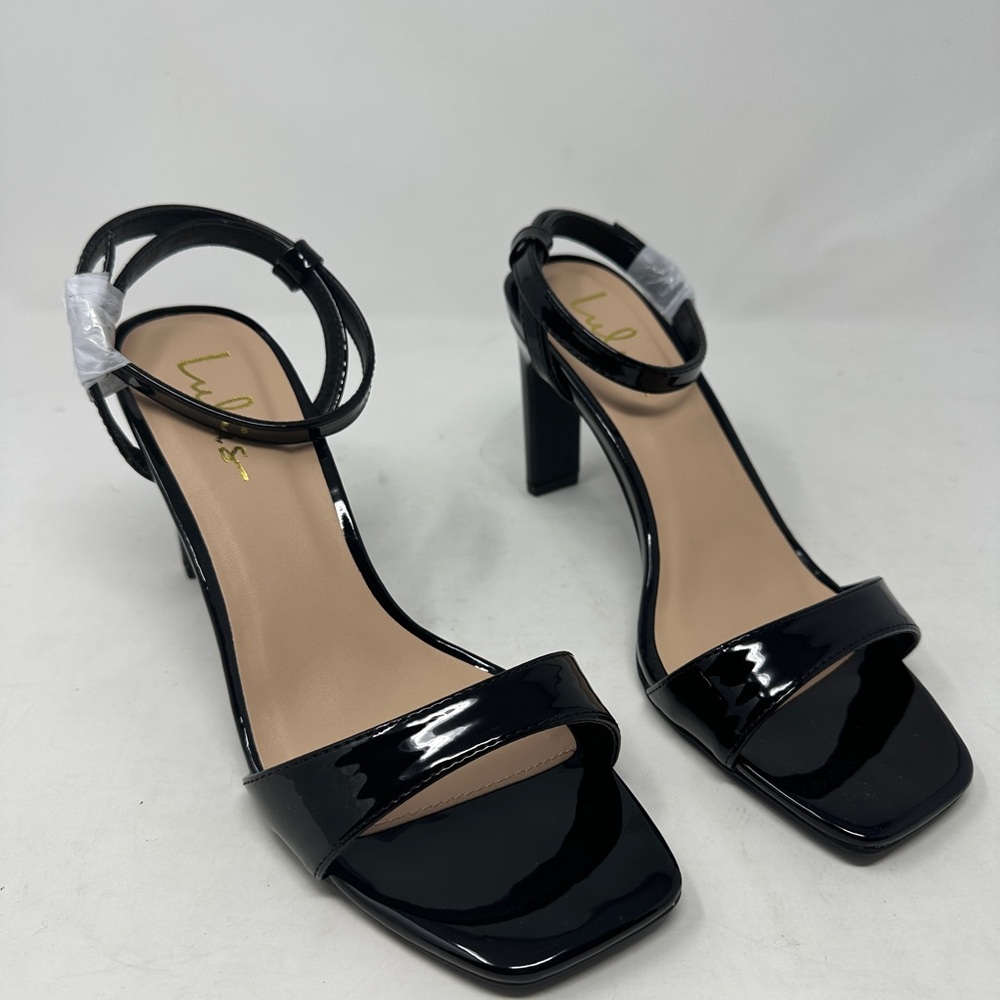 Lulu’s Black Patent Kaylena Ankle Strap Open toe Heeled Sandal Women’s 8.5 NEW